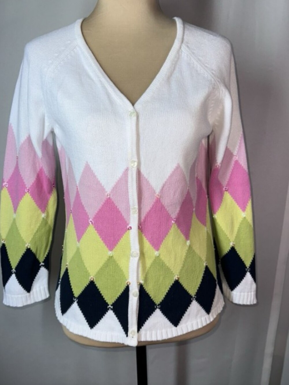 Susan Bristol White Cardigan with Pink, Lime & Black Argyle
